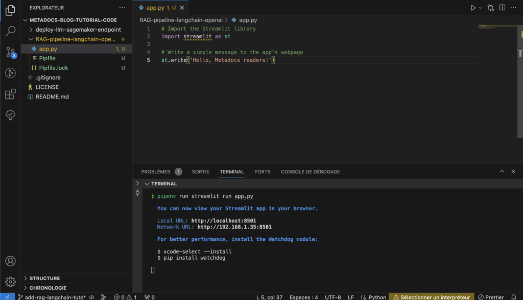 Creation the streamit app in vscode